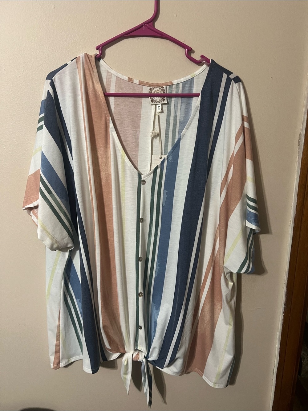 Women's Striped Tie-Front Short Sleeve Top in Multicolor